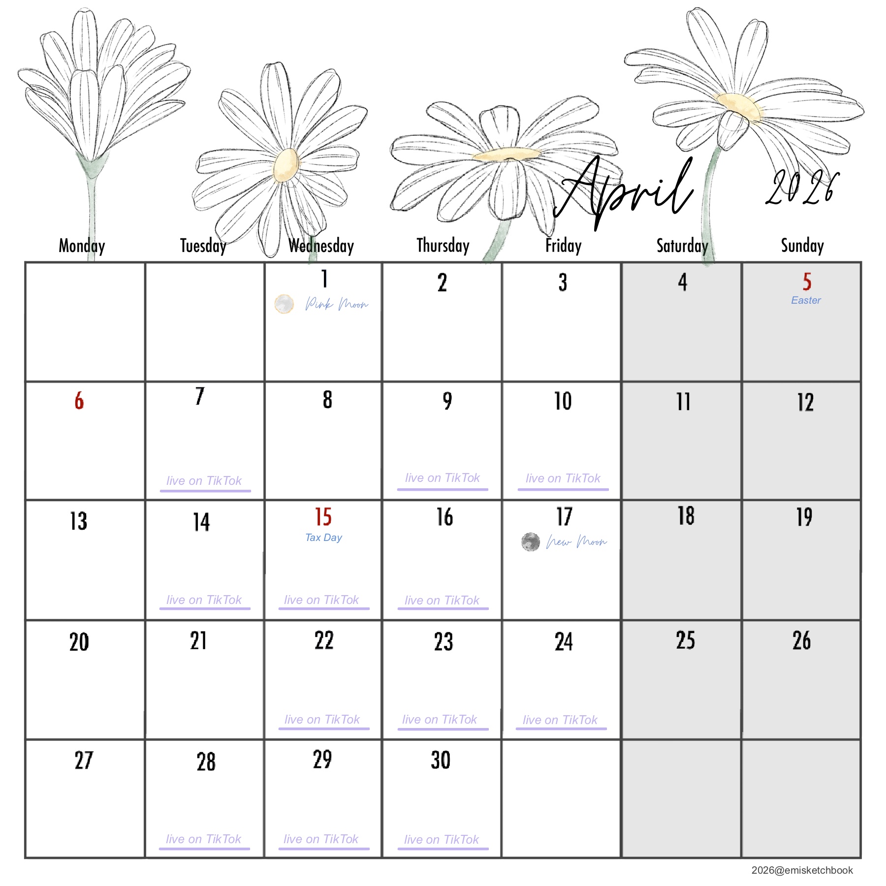 April calendar with holidays and events