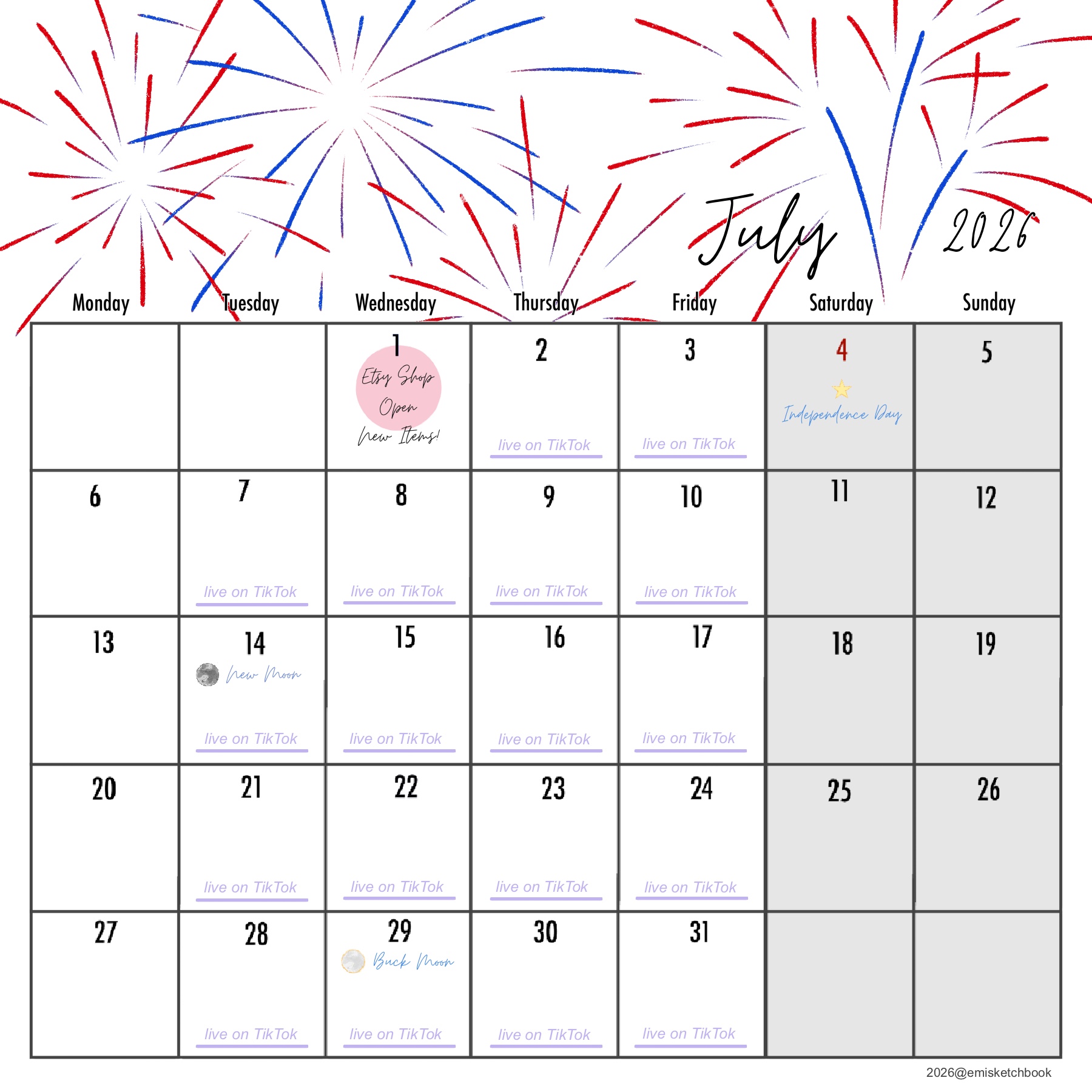 July calendar with holidays and events