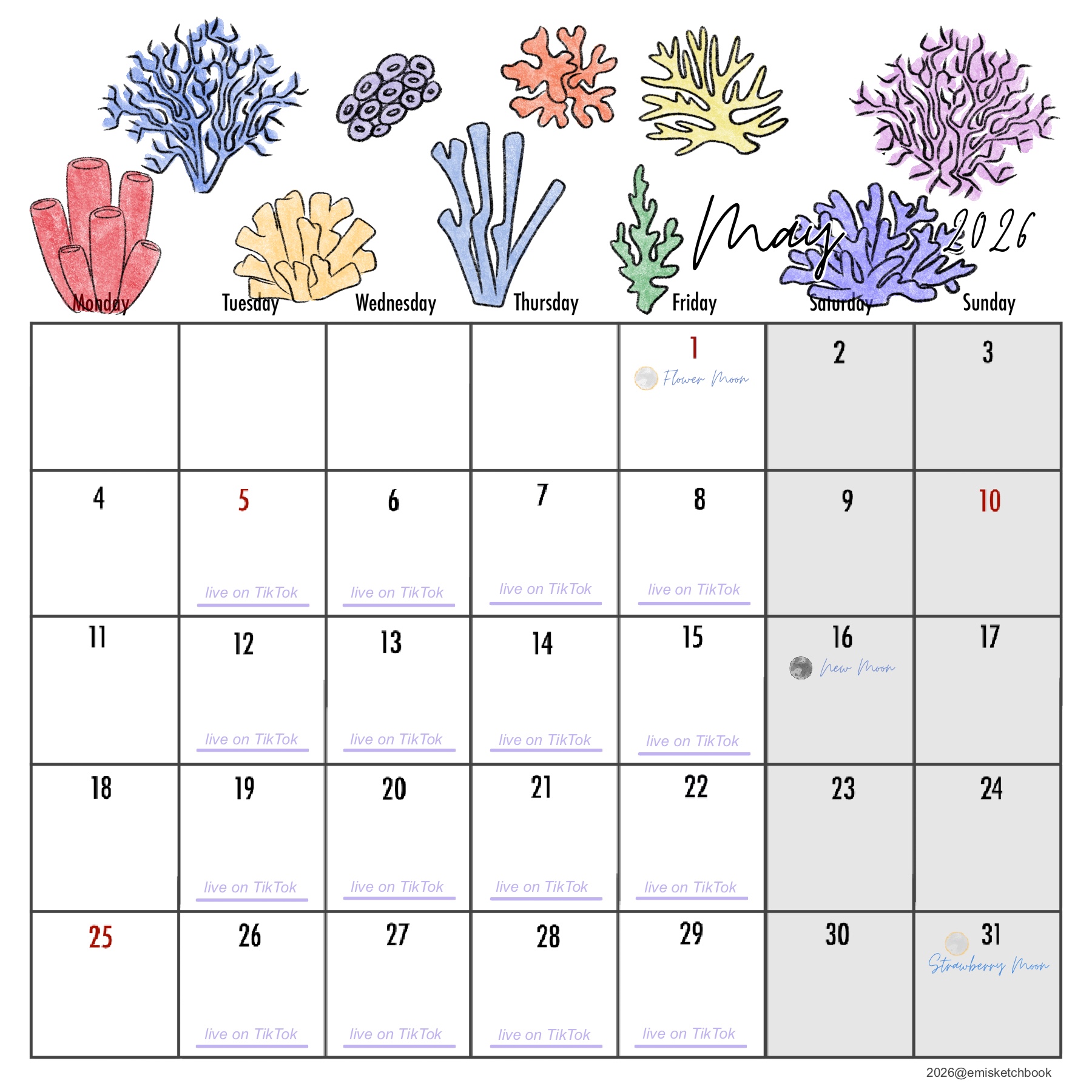 May calendar with holidays and events