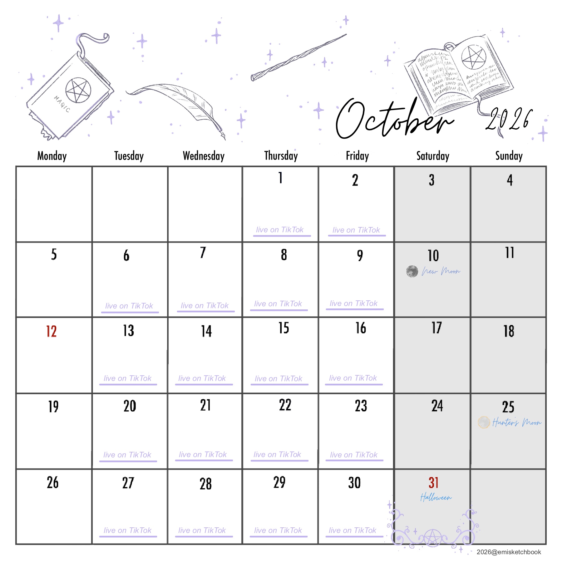 Ocotber monthly calender decorated in purple with spell books, sparkles, and a magic wand.